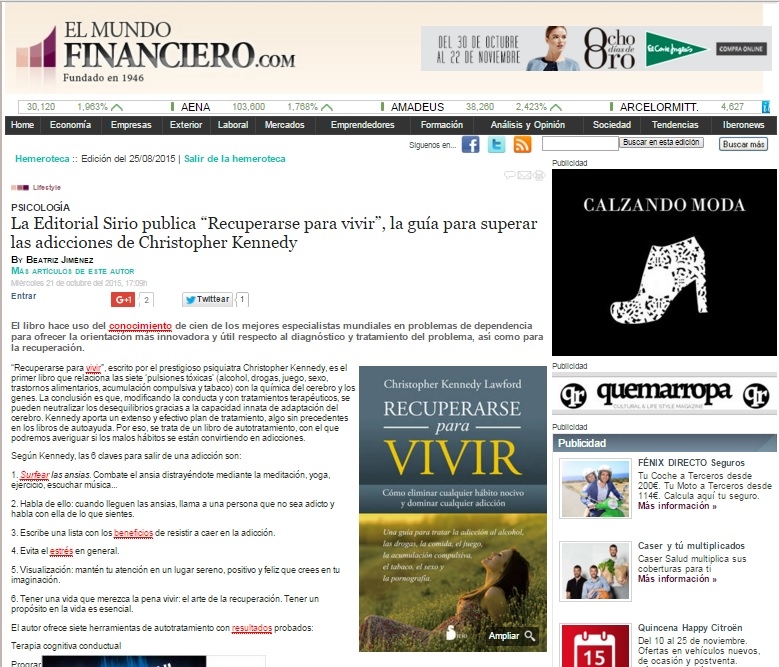 La Editorial Sirio publica Recuperarse para vivir, la guía para superar las adicciones de Christopher Kennedy